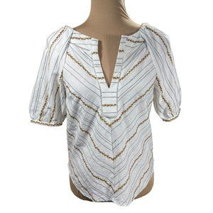 Anthropologie Maeve Fruit Embroidered Blouse Puff Sleeve White Orange Size 2